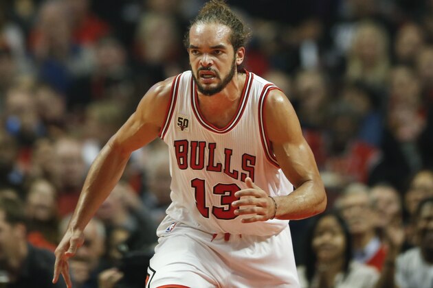 Chicago Bulls center Joakim Noah, reacts after scoring against the Orlando Magic, during the first half of an NBA basketball game, Sunday, Nov. 1, 2015, in Chicago. (AP Photo/Kamil Krzaczynski)