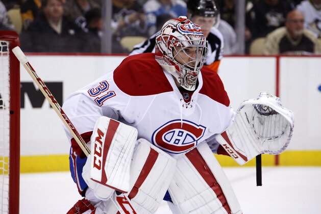 Montreal Canadiens goalie Carey Price (31) plays during an NHL hockey game against the Pittsburgh Penguins in Pittsburgh Tuesday, Oct. 13, 2015.(AP Photo/Gene J. Puskar