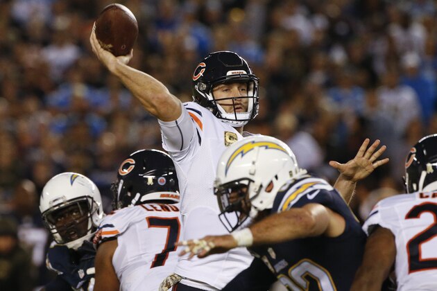 Chicago Bears quarterback Jay Cutler throws a pass during the first half of an NFL football game against the San Diego Chargers,  Monday, Nov. 9, 2015, in San Diego. (AP Photo/Lenny Ignelzi)