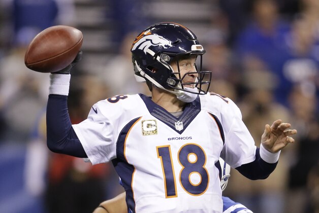 Denver Broncos quarterback Peyton Manning throws during the second half of an NFL football game against the Indianapolis Colts, Sunday, Nov. 8, 2015, Indianapolis. The Colts won 27-24. (AP Photo/AJ Mast)