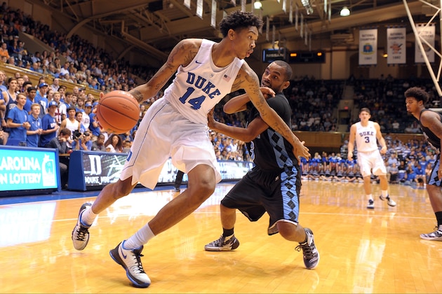 DURHAM, NC - NOVEMBER 04: Brandon Ingram #14 of the Duke Blue Devils drives against Daryl Traynham #3 of the Livingstone Blue Bears at Cameron Indoor Stadium on November 4, 2015 in Durham, North Carolina. Duke defeated Livingstone 119-54. (Photo by Lance King/Getty Images)