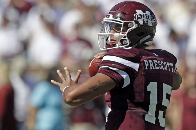 STARKVILLE MS -OCTOBER 17: Quarterback Dak Prescott #15 of the Mississippi State Bulldogs looks to throw a pass during the second quarter of an NCAA college football game against the Louisiana Tech Bulldogs at Davis Wade Stadium on October 17, 2015 in Starkville, Mississippi. (Photo by Butch Dill/Getty Images) STARKVILLE MS -OCTOBER 17: Quarterback Dak Prescott #15 of the Mississippi State Bulldogs looks to throw a pass during the second quarter of an NCAA college football game against the Louisiana Tech Bulldogs at Davis Wade Stadium on October 17, 2015 in Starkville, Mississippi. (Photo by Butch Dill/Getty Images)