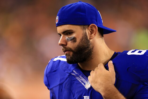 Aug 14, 2015; Cincinnati, OH, USA; New York Giants tackle Justin Pugh (67) in a preseason NFL football game against the Cincinnati Bengals at Paul Brown Stadium. Mandatory Credit: Andrew Weber-USA TODAY Sports