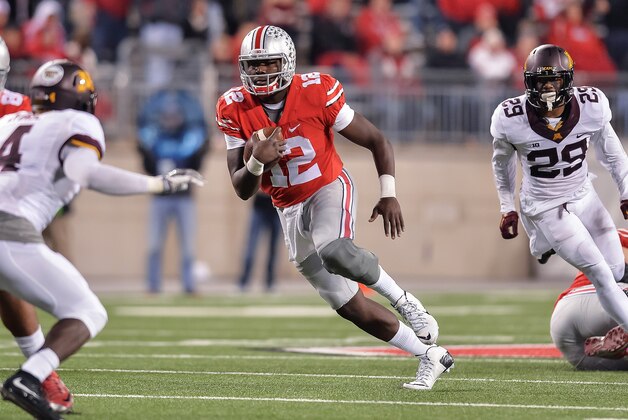 COLUMBUS, OH - NOVEMBER 7:  Quarterback Cardale Jones #12 of the Ohio State Buckeyes runs with the ball against the Minnesota Golden Gophers at Ohio Stadium on November 7, 2015 in Columbus, Ohio.  (Photo by Jamie Sabau/Getty Images)