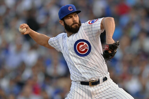Chicago Cubs starting pitcher Jake Arrieta (49) throws during the first inning of Game 3 in baseball's National League Division Series against the St. Louis Cardinals, Monday, Oct. 12, 2015, in Chicago. (AP Photo/Paul Beaty)