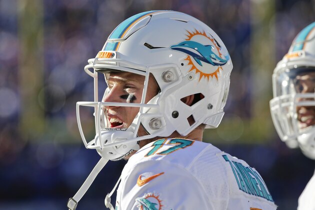 Miami Dolphins quarterback Ryan Tannehill (17) calls out to a teammate during the second half of an NFL football game against the Buffalo Bills Sunday, Nov. 8, 2015, in Orchard Park, N.Y. (AP Photo/Bill Wippert)