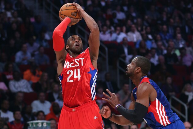 HOUSTON, TX - FEBRUARY 17:  Kobe Bryant #24 of the Los Angeles Lakers and the Western Conference shoots over Dwyane Wade #3 of the Miami Heat and the Eastern Conference in the first quarter during the 2013 NBA All-Star game at the Toyota Center on February 17, 2013 in Houston, Texas. NOTE TO USER: User expressly acknowledges and agrees that, by downloading and or using this photograph, User is consenting to the terms and conditions of the Getty Images License Agreement.  (Photo by Ronald Martinez/Getty Images)