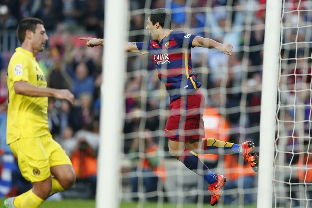 FC Barcelona's Luis Suarez celebrates scoring against Villarreal during a Spanish La Liga soccer match at the Camp Nou stadium in Barcelona, Spain, Sunday, Nov. 8, 2015. (AP Photo/Manu Fernandez)