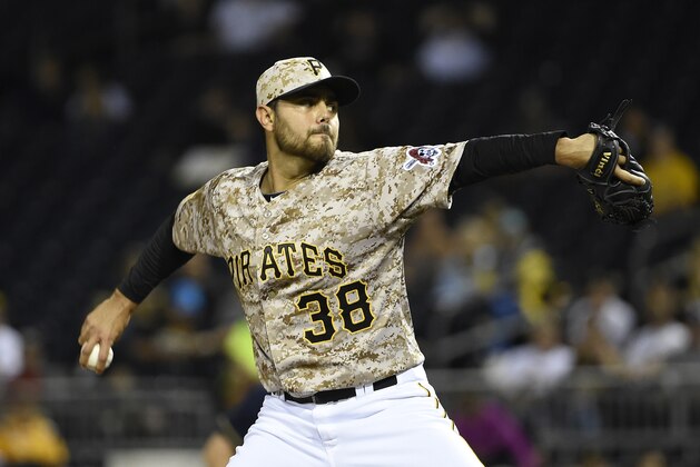 Pittsburgh Pirates' Joakim Soria pitches  against the Milwaukee Brewers during baseball game, Thursday, Sept. 10, 2015, in Pittsburgh.  (AP Photo/Fred Vuich)