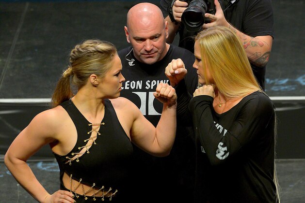 Sep 4, 2015; Las Vegas, NV, USA; UFC President Dana White looks on as Champion Ronda Rousey and challenger Holly Holm face-off at the MGM Grand Garden Arena to promote their upcoming fight, UFC 194, in Dallas, Tx. Mandatory Credit: Jayne Kamin-Oncea-USA TODAY Sports Sep 4, 2015; Las Vegas, NV, USA; UFC President Dana White looks on as Champion Ronda Rousey and challenger Holly Holm face-off at the MGM Grand Garden Arena to promote their upcoming fight, UFC 194, in Dallas, Tx. Mandatory Credit: Jayne Kamin-Oncea-USA TODAY Sports