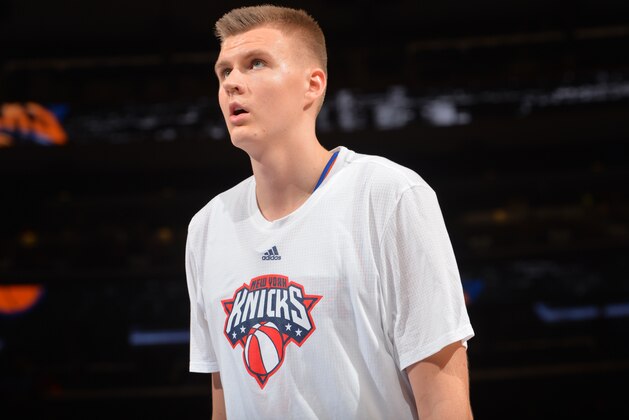 NEW YORK,NY - NOVEMBER 6: Kristaps Porzingis #6 of the New York Knicks warms up prior to the game against the Milwaukee Bucks at Madison Square Garden on November 6, 2015 in New York,New York NOTE TO USER: User expressly acknowledges and agrees that, by downloading and/or using this Photograph, user is consenting to the terms and conditions of the Getty Images License Agreement. Mandatory Copyright Notice: Copyright 2015 NBAE (Photo by Jesse D. Garrabrant/NBAE via Getty Images)