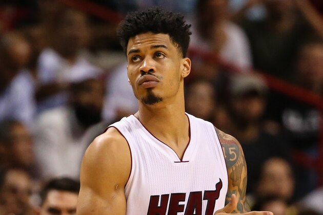 Nov 1, 2015; Miami, FL, USA; Miami Heat guard Gerald Green (14) enters the game during the second half against the Houston Rockets at American Airlines Arena. The Heat won 109-89. Mandatory Credit: Steve Mitchell-USA TODAY Sports