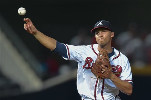 Atlanta Braves shortstop Andrelton Simmons (19) throws to first base for an out on Washington Nationals' Anthony Rendon during the sixth inning of a baseball game, Wednesday, Sept. 30, 2015, in Atlanta. (AP Photo/Jon Barash)