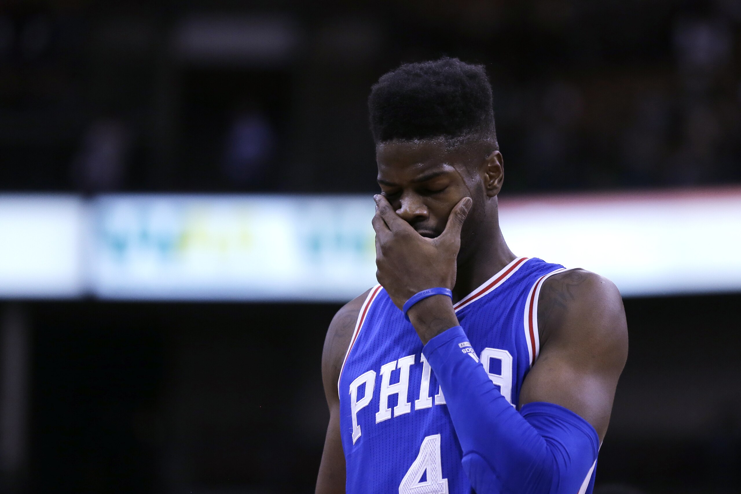 Philadelphia 76ers center Nerlens Noel (4) during the first quarter of a preseason NBA basketball game in Manchester, N.H., Friday, Oct. 23, 2015. (AP Photo/Charles Krupa)