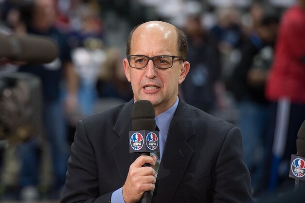 Jan 23, 2015; Dallas, TX, USA; ESPN broadcaster Jeff Van Gundy before the game between the Dallas Mavericks and the Chicago Bulls at the American Airlines Center. The Bulls defeated the Mavericks 102-98. Mandatory Credit: Jerome Miron-USA TODAY Sports