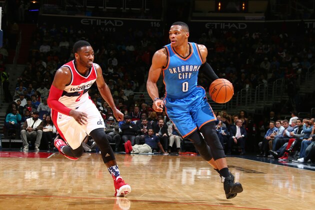 WASHINGTON, DC - NOVEMBER 10: Russell Westbrook #0 of the Oklahoma City Thunder drives to the basket against the John Wall #2 of the Washington Wizards during the game on November 10, 2015 at Verizon Center in Washington, District of Columbia. NOTE TO USER: User expressly acknowledges and agrees that, by downloading and or using this Photograph, user is consenting to the terms and conditions of the Getty Images License Agreement. Mandatory Copyright Notice: Copyright 2015 NBAE (Photo by Ned Dishman/NBAE via Getty Images)