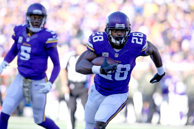 MINNEAPOLIS, MN - NOVEMBER 8:  Adrian Peterson #28 of the Minnesota Vikings carries the ball for a touchdown in the first quarter against the St. Louis Rams on November 8, 2015 at TCF Bank Stadium in Minneapolis, Minnesota. (Photo by Adam Bettcher/Getty Images)