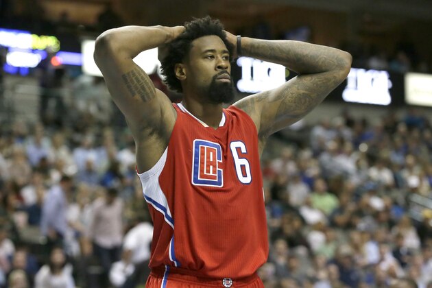 Los Angeles Clippers center DeAndre Jordan (6) reacts to a call during the second half of an NBA basketball game against the Dallas Mavericks Wednesday, Nov. 11, 2015, in Dallas. (AP Photo/LM Otero)