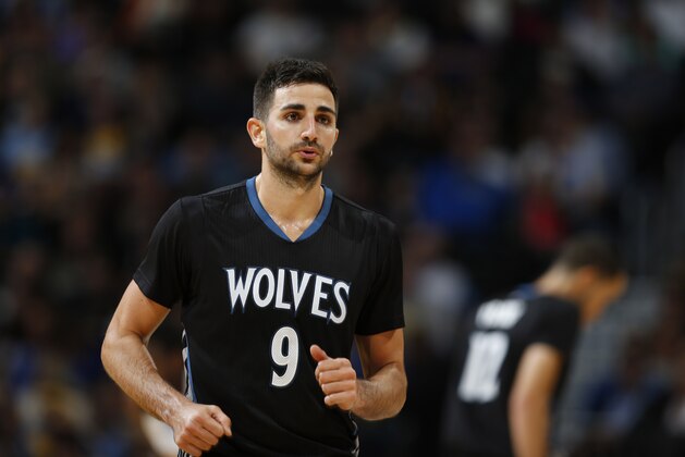 Minnesota Timberwolves guard Ricky Rubio (9) during the second half of an NBA basketball game Friday, Oct. 30, 2015, in Denver. Minnesota won 95-78. (AP Photo/David Zalubowski)