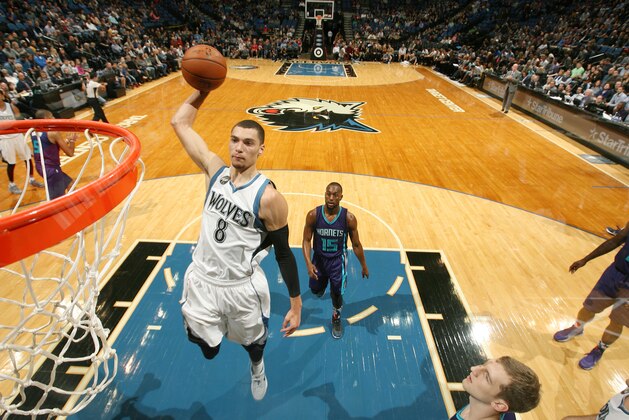 MINNEAPOLIS, MN - NOVEMBER 10: Zach LaVine #8 of the Minnesota Timberwolves goes up for a dunk against the Charlotte Hornets on November 10, 2015 at Target Center in Minneapolis, Minnesota. NOTE TO USER: User expressly acknowledges and agrees that, by downloading and or using this Photograph, user is consenting to the terms and conditions of the Getty Images License Agreement. Mandatory Copyright Notice: Copyright 2015 NBAE (Photo by David Sherman/NBAE via Getty Images) MINNEAPOLIS, MN - NOVEMBER 10: Zach LaVine #8 of the Minnesota Timberwolves goes up for a dunk against the Charlotte Hornets on November 10, 2015 at Target Center in Minneapolis, Minnesota. NOTE TO USER: User expressly acknowledges and agrees that, by downloading and or using this Photograph, user is consenting to the terms and conditions of the Getty Images License Agreement. Mandatory Copyright Notice: Copyright 2015 NBAE (Photo by David Sherman/NBAE via Getty Images)