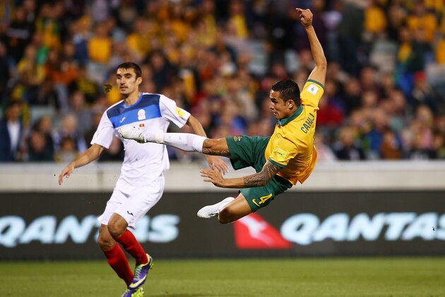 CANBERRA, AUSTRALIA - NOVEMBER 12:  Tim Cahill of the Socceroos shoots for goal during the 2018 FIFA World Cup Qualification match between the Australian Socceroos and Kyrgyzstan at GIO Stadium on November 12, 2015 in Canberra, Australia.  (Photo by Mark Nolan/Getty Images)