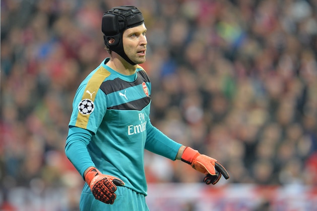 Arsenal's goalkeeper Petr Cech during the Champions League Group F soccer match between Bayern Munich and Arsenal FC in Munich, southern Germany, Wednesday, Nov. 4, 2015. (AP Photo/Kerstin Joensson)