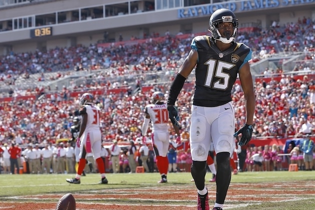 Jacksonville Jaguars wide receiver Allen Robinson (15) celebrates his touchdown against the Tampa Bay Buccaneers during the second quarter of an NFL football game Sunday, Oct. 11, 2015, in Tampa, Fla. (AP Photo/Brian Blanco)