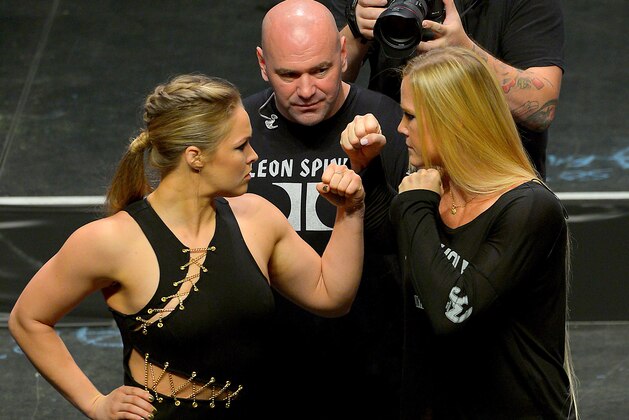 Sep 4, 2015; Las Vegas, NV, USA; UFC President Dana White looks on as Champion Ronda Rousey and challenger Holly Holm face-off at the MGM Grand Garden Arena to promote their upcoming fight, UFC 194, in Dallas, Tx. Mandatory Credit: Jayne Kamin-Oncea-USA TODAY Sports