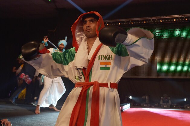 DUBLIN, IRELAND - NOVEMBER 7:  Vijender Singh pictured as he makes his way into the ring before his middleweight bout with Dean Gillen on The Second Coming boxing bill at the National Stadium on November 7, 2015 in Dublin, Ireland.  (Photo by Charles McQuillan/Getty Images)