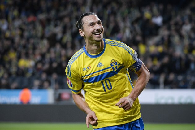 Sweden's Zlatan Ibrahimovic celebrates scoring the opening goal during the UEFA Euro 2016 group G qualifying soccer match between Sweden and Moldova at Friends Arena in Stockholm, Sweden, on Monday Oct. 12, 2015. (Fredrik Sandberg / TT via AP) SWEDEN OUT Sweden's Zlatan Ibrahimovic celebrates scoring the opening goal during the UEFA Euro 2016 group G qualifying soccer match between Sweden and Moldova at Friends Arena in Stockholm, Sweden, on Monday Oct. 12, 2015. (Fredrik Sandberg / TT via AP) SWEDEN OUT