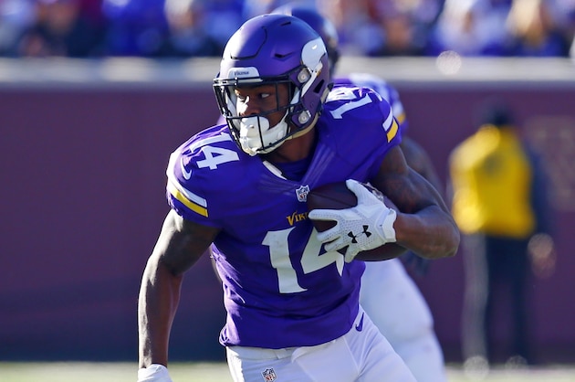 Minnesota Vikings wide receiver Stefon Diggs (14) runs the ball after a catch against the St. Louis Rams during an NFL football game Sunday, Nov. 8, 2015, in Minneapolis. The Vikings won in overtime, 21-18.  (Jeff Haynes/AP Images for Panini)