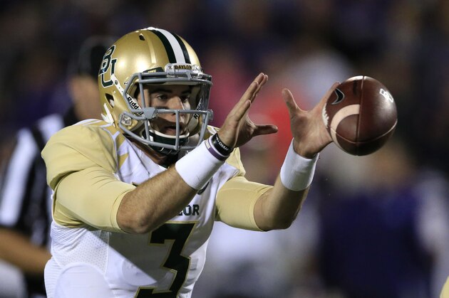 Baylor quarterback Jarrett Stidham (3) during the first half of an NCAA college football game against Kansas State in Manhattan, Kan., Thursday, Nov. 5, 2015. (AP Photo/Orlin Wagner)