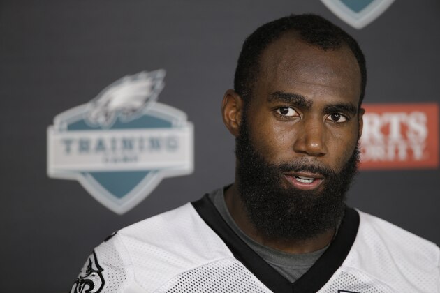 Philadelphia Eagles' Malcolm Jenkins speaks with members of the media after practice at NFL football training camp, Monday, Aug. 3, 2015, in Philadelphia. (AP Photo/Matt Rourke)