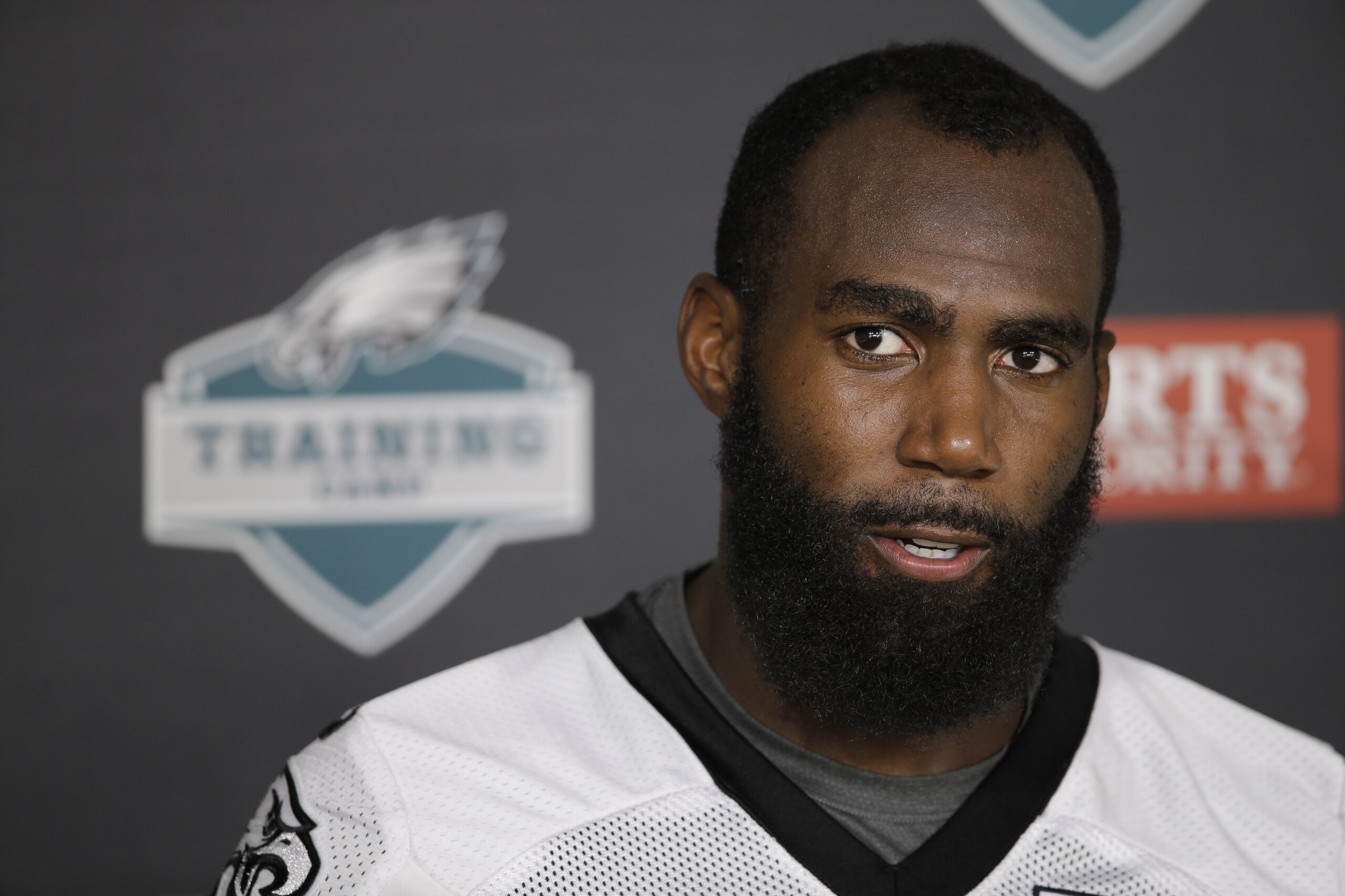 Philadelphia Eagles' Malcolm Jenkins speaks with members of the media after practice at NFL football training camp, Monday, Aug. 3, 2015, in Philadelphia. (AP Photo/Matt Rourke)
