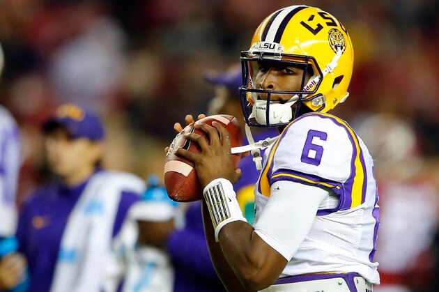 TUSCALOOSA, AL - NOVEMBER 07:  Quarterback Brandon Harris #6 of the LSU Tigers looks to pass during warm-ups before the game against the Alabama Crimson Tide at Bryant-Denny Stadium on November 7, 2015 in Tuscaloosa, Alabama.  (Photo by Kevin C. Cox/Getty Images)