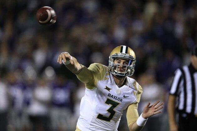 Baylor quarterback Jarrett Stidham (3) during the first half of an NCAA college football game against Kansas State in Manhattan, Kan., Thursday, Nov. 5, 2015. (AP Photo/Orlin Wagner)