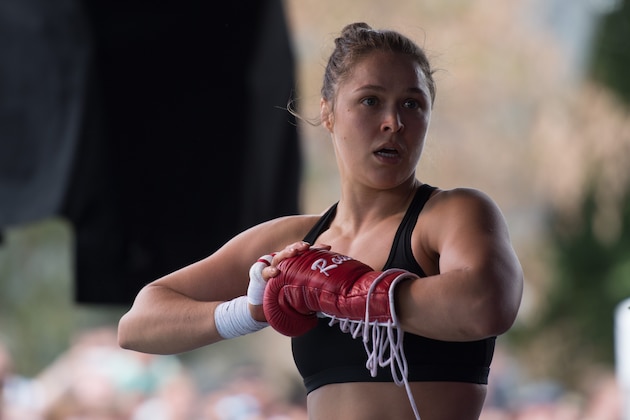 MELBOURNE, AUSTRALIA - NOVEMBER 12:  UFC women's bantamweight champion Ronda Rousey of the United States holds an open workout for fans and media at Federation Square on November 12, 2015 in Melbourne, Australia. (Photo by Brandon Magnus/Zuffa LLC/Zuffa LLC via Getty Images)