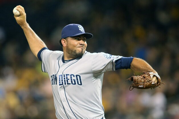 Jul 6, 2015; Pittsburgh, PA, USA; San Diego Padres relief pitcher Joaquin Benoit (53) pitches against the Pittsburgh Pirates during the eighth inning at PNC Park. The Pirates won 2-1. Mandatory Credit: Charles LeClaire-USA TODAY Sports
