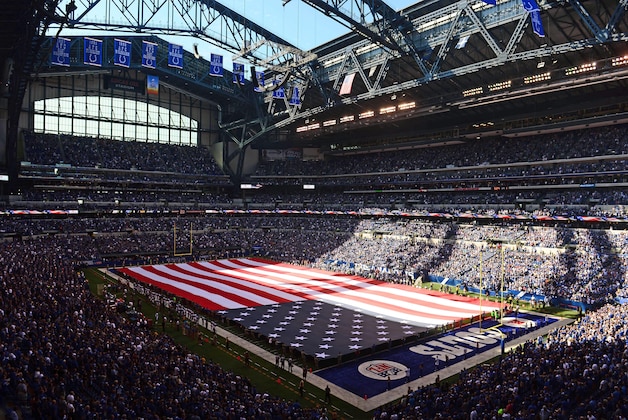 Sep 28, 2014; Indianapolis, IN, USA; General view of Lucas Oil Stadium during the national anthem prior to an NFL game between the Tennessee Titans and Indianapolis Colts. Mandatory Credit: Andrew Weber-USA TODAY Sports