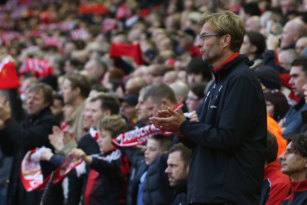 LIVERPOOL, ENGLAND - OCTOBER 25: Jurgen Klopp, manager of Liverpool looks on prior to the Barclays Premier League match between Liverpool and Southampton at Anfield on October 25, 2015 in Liverpool, England.  (Photo by Jan Kruger/Getty Images)