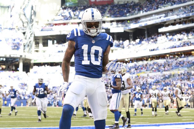 Indianapolis Colts defensive back Dewey McDonald (31) celebrates a touchdown against the New Orleans Saints in the second half of an NFL football game in Indianapolis, Sunday, Oct. 25, 2015.  (AP Photo/R Brent Smith)