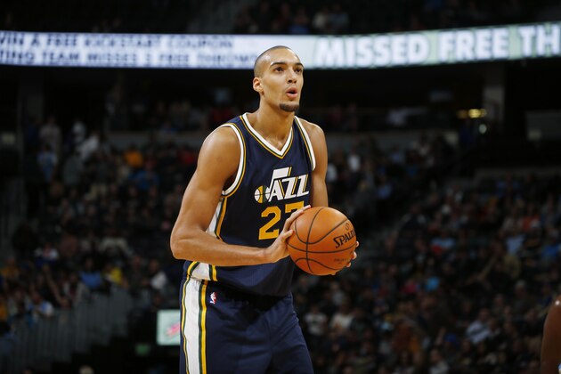 Utah Jazz center Rudy Gobert (27), of France, takes foul shot against the Denver Nuggets in the second half of an NBA basketball game Thursday, Nov. 5, 2015, in Denver. Utah won 96-84. (AP Photo/David Zalubowski)
