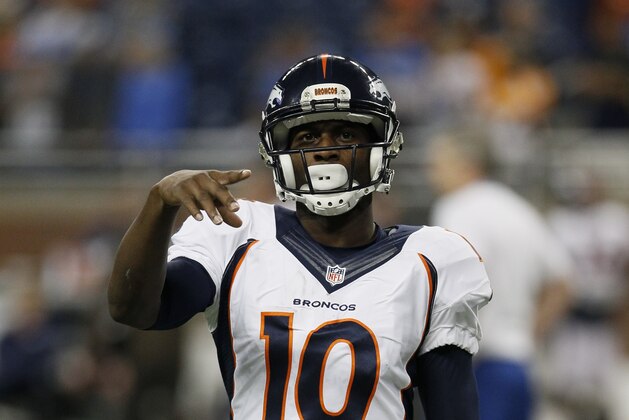 Denver Broncos wide receiver Emmanuel Sanders (10) during warmups before an NFL football game against the Detroit Lions, Sunday, Sept. 27, 2015, in Detroit. (AP Photo/Duane Burleson)