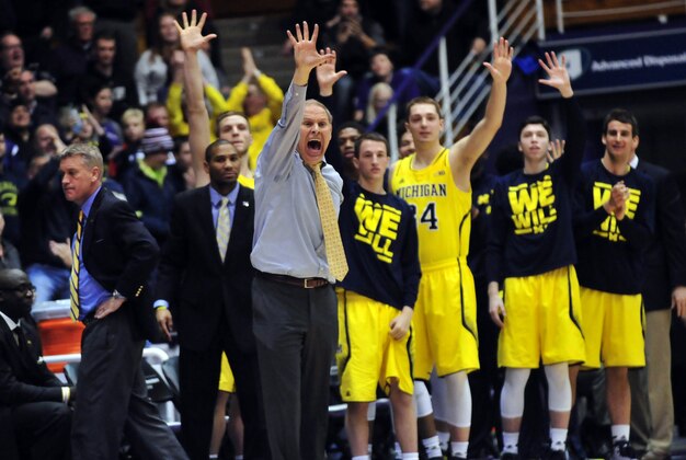Mar 3, 2015; Evanston, IL, USA; Michigan Wolverines head coach John Beilein shouts instructions during the first overtime at Welsh-Ryan Arena. The Northwestern Wildcats defeated the Michigan Wolverines 82-78 in double overtime. Mandatory Credit: David Banks-USA TODAY Sports