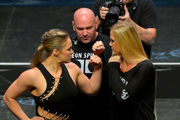 Sep 4, 2015; Las Vegas, NV, USA; UFC President Dana White looks on as Champion Ronda Rousey and challenger Holly Holm face-off at the MGM Grand Garden Arena to promote their upcoming fight, UFC 194, in Dallas, Tx. Mandatory Credit: Jayne Kamin-Oncea-USA TODAY Sports