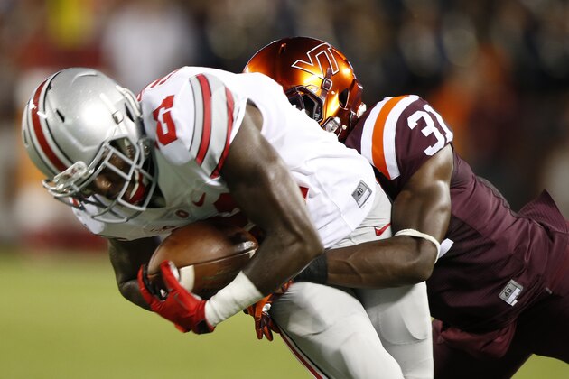 Ohio State wide receiver Parris Campbell (21) tries to hold onto the ball as Virginia Tech cornerback Brandon Facyson (31) knocks it out during the first half of an NCAA college football game in Blacksburg, Va., Monday, Sept. 7, 2015. (AP Photo/Steve Helber)