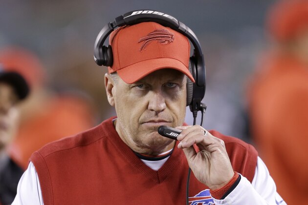 Buffalo Bills coach Rex Ryan waits for the start of his team's NFL football game against the New York Jets, Thursday, Nov. 12, 2015, in East Rutherford, N.J. (AP Photo/Seth Wenig)
