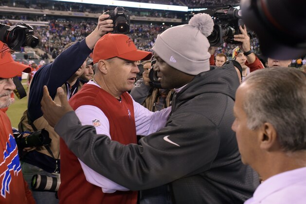 Buffalo Bills head coach Rex Ryan, left, and New York Jets head coach Todd Bowles talk after an NFL football game, Thursday, Nov. 12, 2015, in East Rutherford, N.J. The Bills won 22-17. (AP Photo/Bill Kostroun)