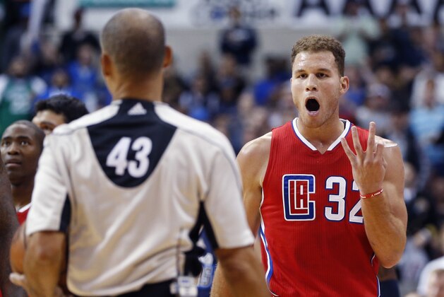 Nov 11, 2015; Dallas, TX, USA; Los Angeles Clippers forward Blake Griffin (32) yells at referee Dan Crawford (43) during the game against the Dallas Mavericks at American Airlines Center. Mandatory Credit: Kevin Jairaj-USA TODAY Sports