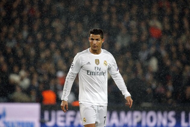 Real Madrid's Cristiano Ronaldo reacts during the Champions League group A soccer match between Paris St Germain and Real Madrid at the Parc des Princes stadium in Paris, Wednesday, Oct. 21, 2015. (AP Photo/Thibault Camus)